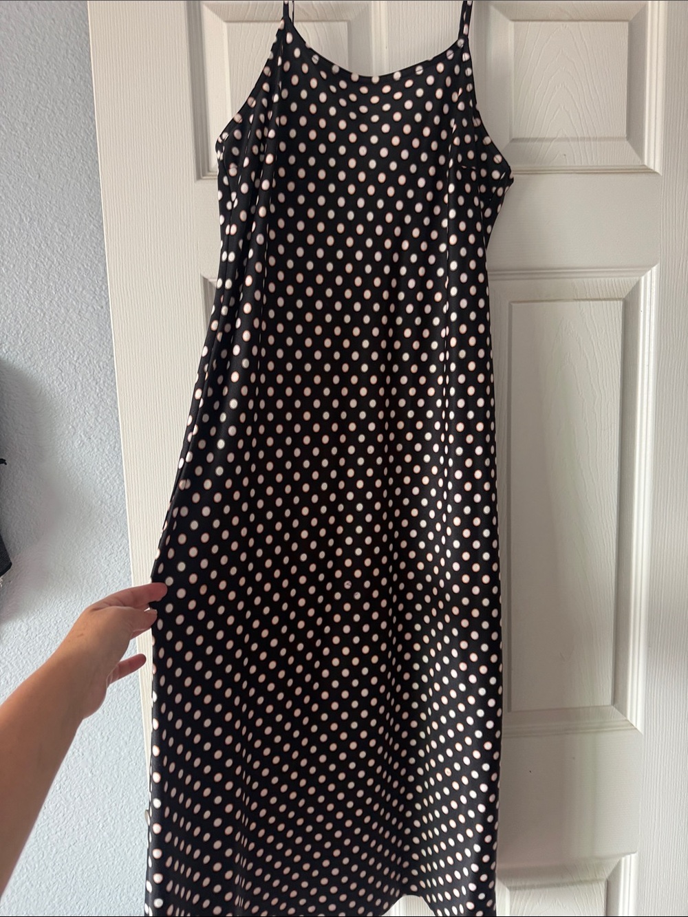 a new day Black Midi silk Dress with Cream Polka Dots